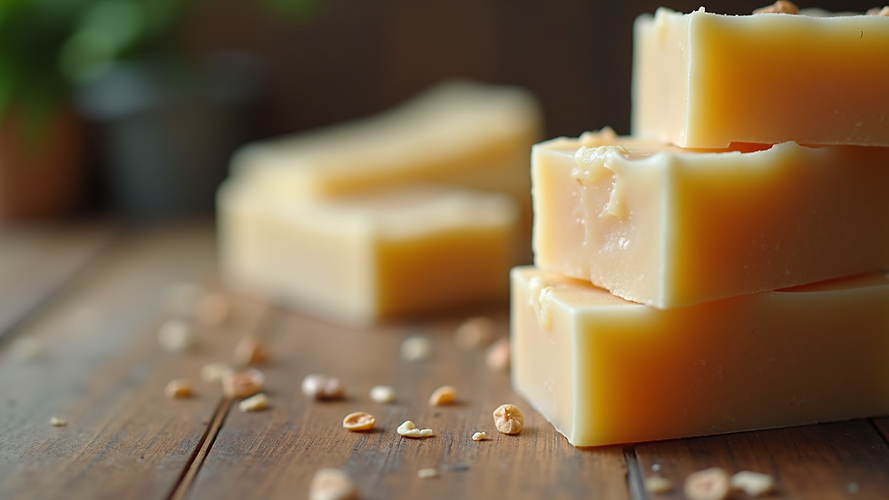 Eye-level view of natural soap bars stacked on a rustic wooden table