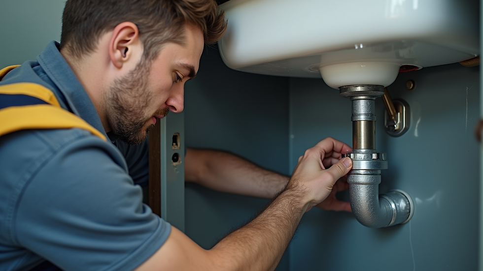 Close-up view of a professional handyman fixing a leaking pipe under a sink