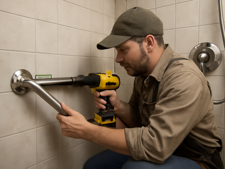 Handyman installing grab bars in a shower