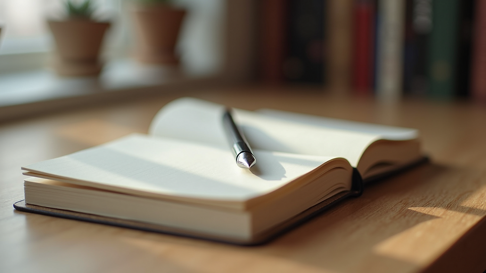 Eye-level view of a journal and pen on a wooden table