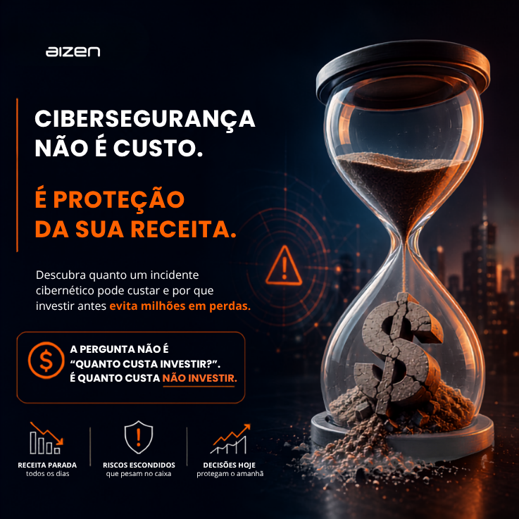 Ilustração corporativa em tons de azul-marinho e laranja mostrando uma ampulheta com um símbolo de cifrão deteriorado na parte inferior, representando o impacto financeiro do tempo diante de um incidente cibernético. À esquerda, a chamada "Cibersegurança não é custo. É proteção da sua receita." destaca a relação entre segurança digital e continuidade do negócio. O layout minimalista, com amplo espaço de respiro, reforça a mensagem de que investir em cibersegurança é uma estratégia para evitar perdas financeiras, paralisações e riscos ao negócio.