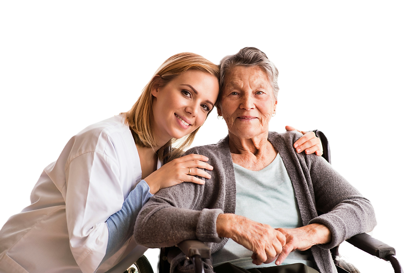 Caregiver comforting elderly patient