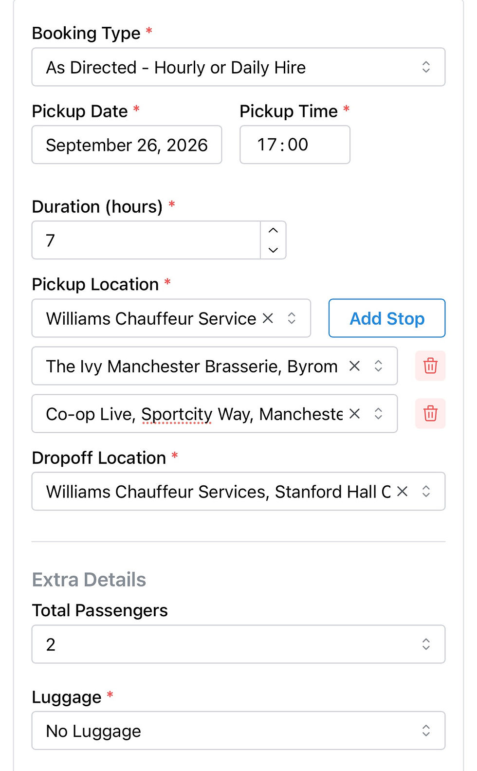 Booking form for As Directed Chauffeur Service.