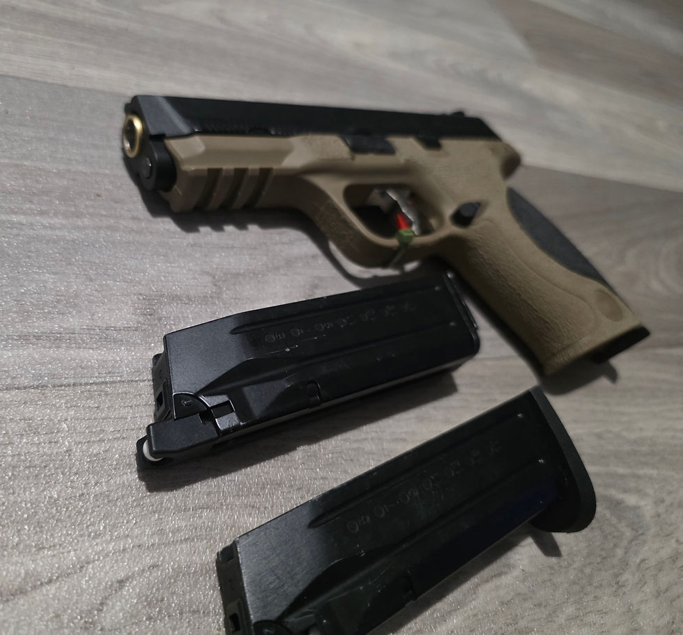 Thumbnail: WE WET-05 Airsoft Pistol GBB Tan / Black Slide Gold Barrel