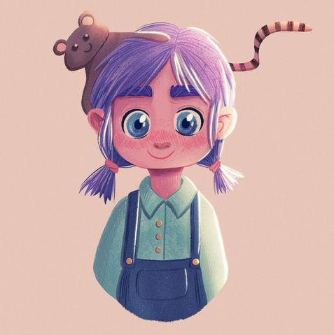 Kinderbuch Illustration von Julia Bittruf. Kleines süßes Mädchen mit Zöpfen und Fantasietier