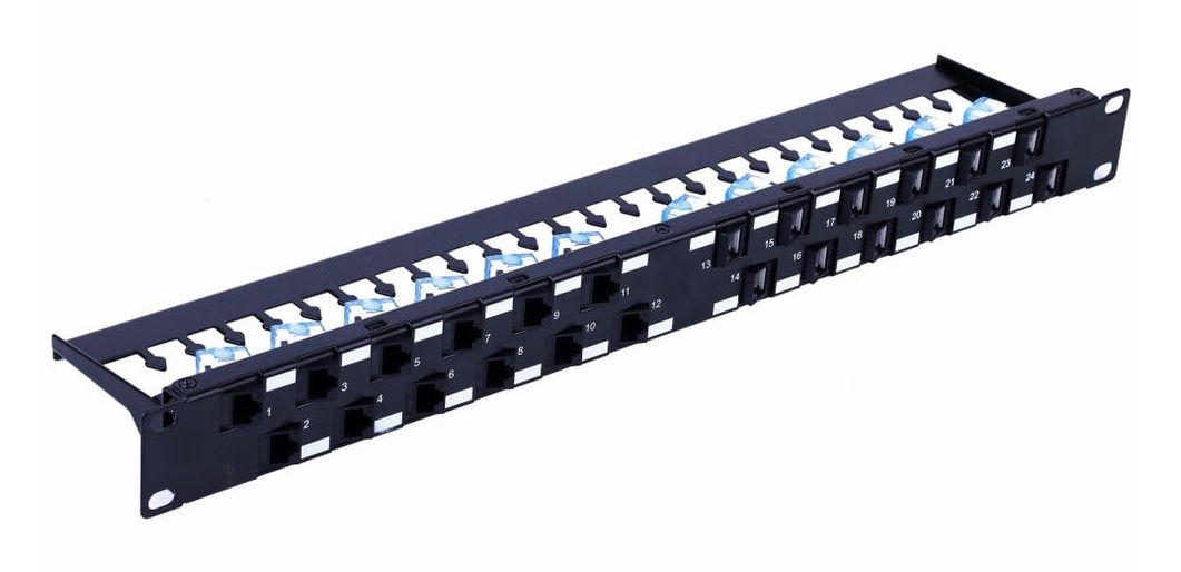 24 Port RJ45 Cat6a UTP Keystone Patch Panel, 1U, Angled Ports