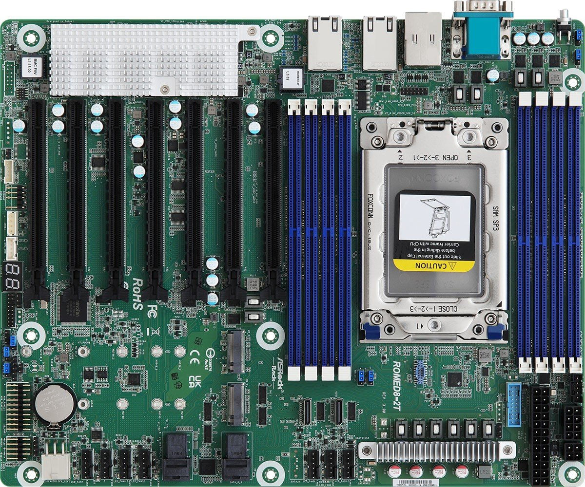 ASRock ROMED8-2T/BCM, 1xSKT SP3, AMD EPYC 7000, SoC, SATA, NVMe, 2xM.2, 2x10GbE