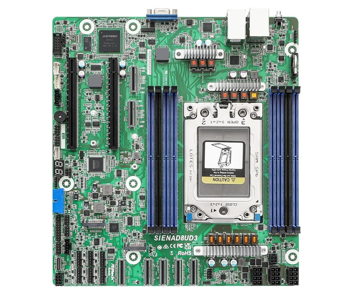 ASRock SIENAD8UD3, 1xSKT, LGA 4844, AMD EPYC 8004, SoC, SATA, NVMe, 2xM.2, 2xGbE