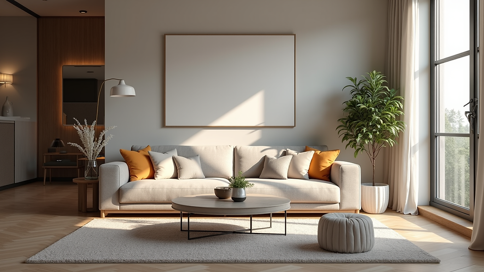 Eye-level view of a modern living room with a cozy sofa and stylish decor