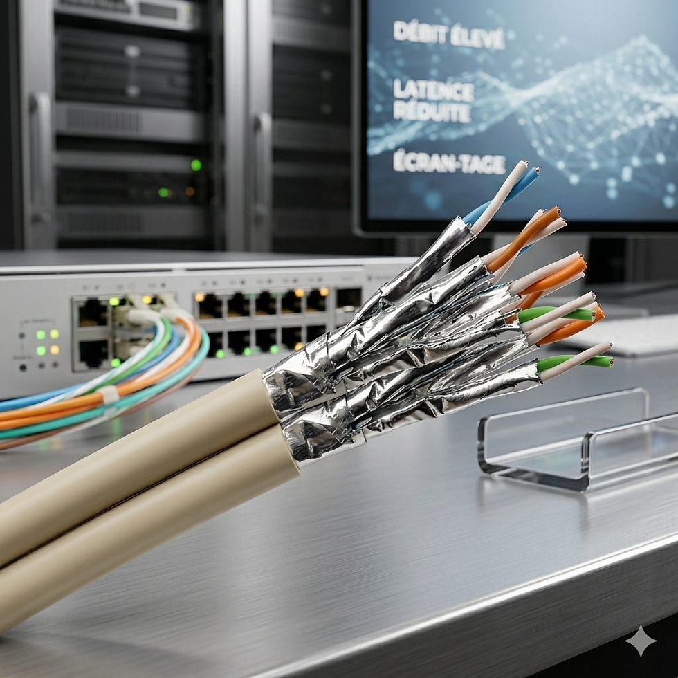 Câble LAN CAT 6A F/FTP 2x4P avec blindage dans un centre de données.