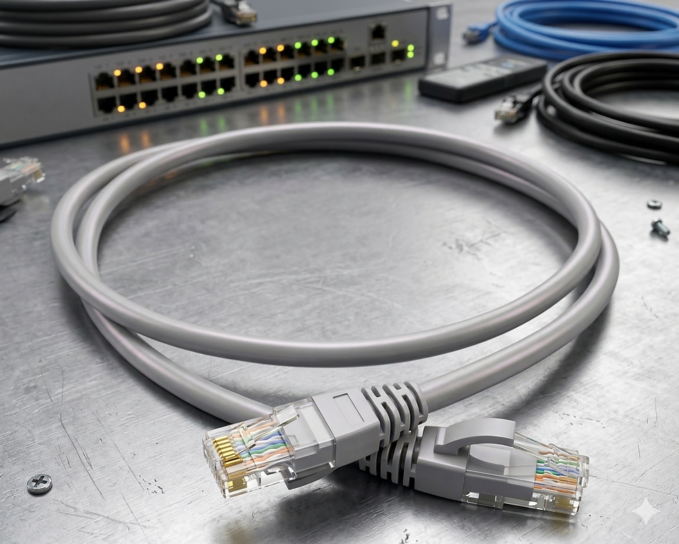 Cordon RJ45 F/UTP Cat6 gris enroulé devant un switch réseau.