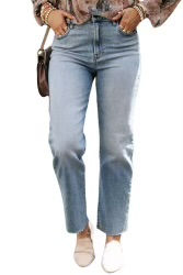 Thumbnail: Light Blue Acid Wash Raw Edge Straight Jeans