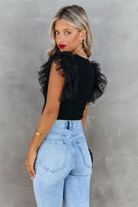 Thumbnail: Mesh Ruffle Sleeve Ribbed Top