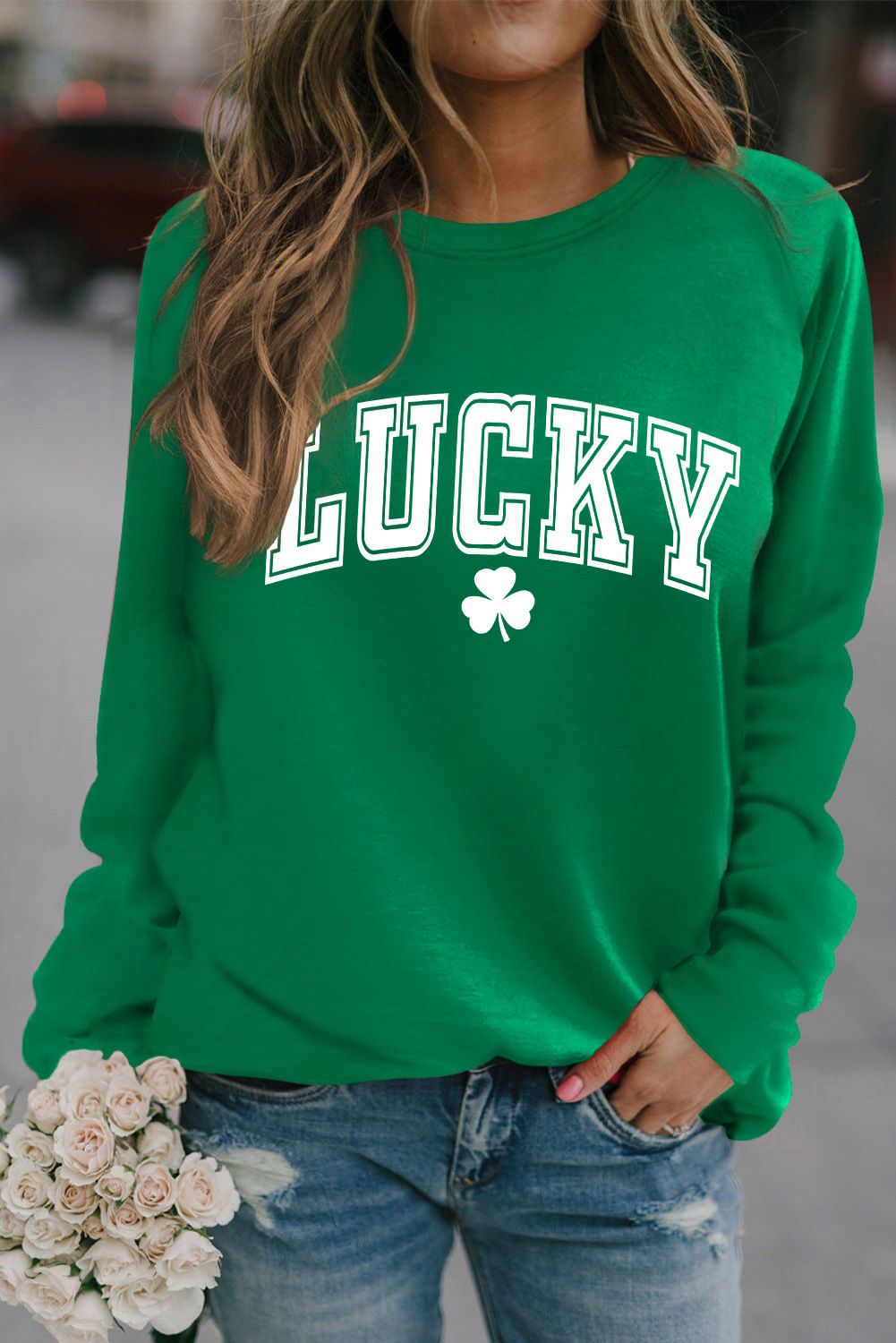 Green Lucky Clover Print Raglan Sleeve Sweatshirt