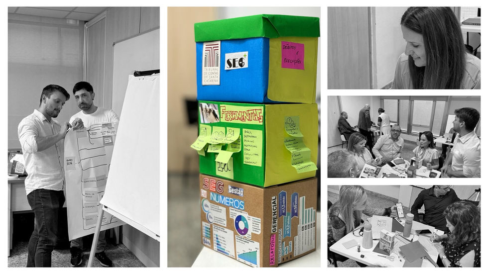 Equipe apresentando ideias em um flipchart e protótipo físico colorido feito com caixas, post-its e colagens