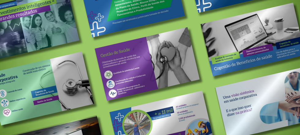 Apresentação visual de slides sobre saúde e bem-estar, abordando fatores psicossociais, saúde mental e gestão de benefícios
