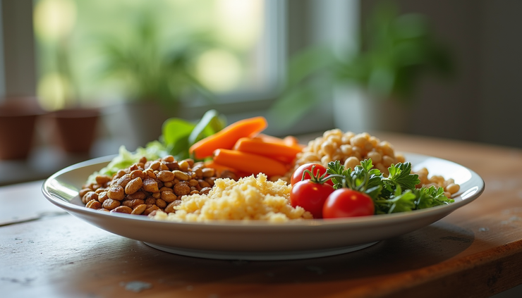 Close-up of a colorful, balanced meal plate with grains, vegetables, and protein