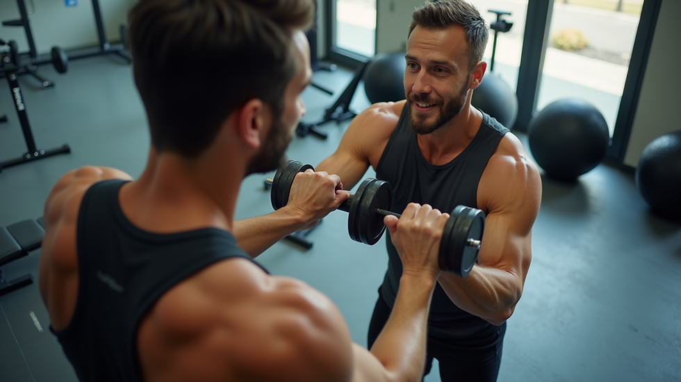 High angle view of a personal trainer demonstrating exercise to a client