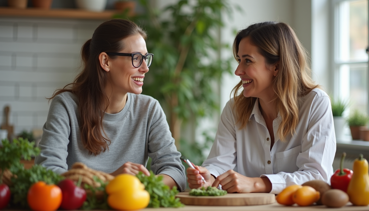 Eye-level view of a nutritionist consulting a client with healthy food options on the table