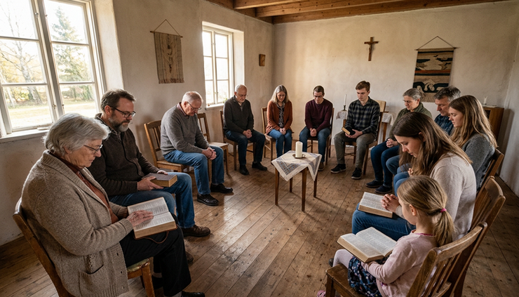 Wide-angle view of a small prayer gathering in a simple chapel room