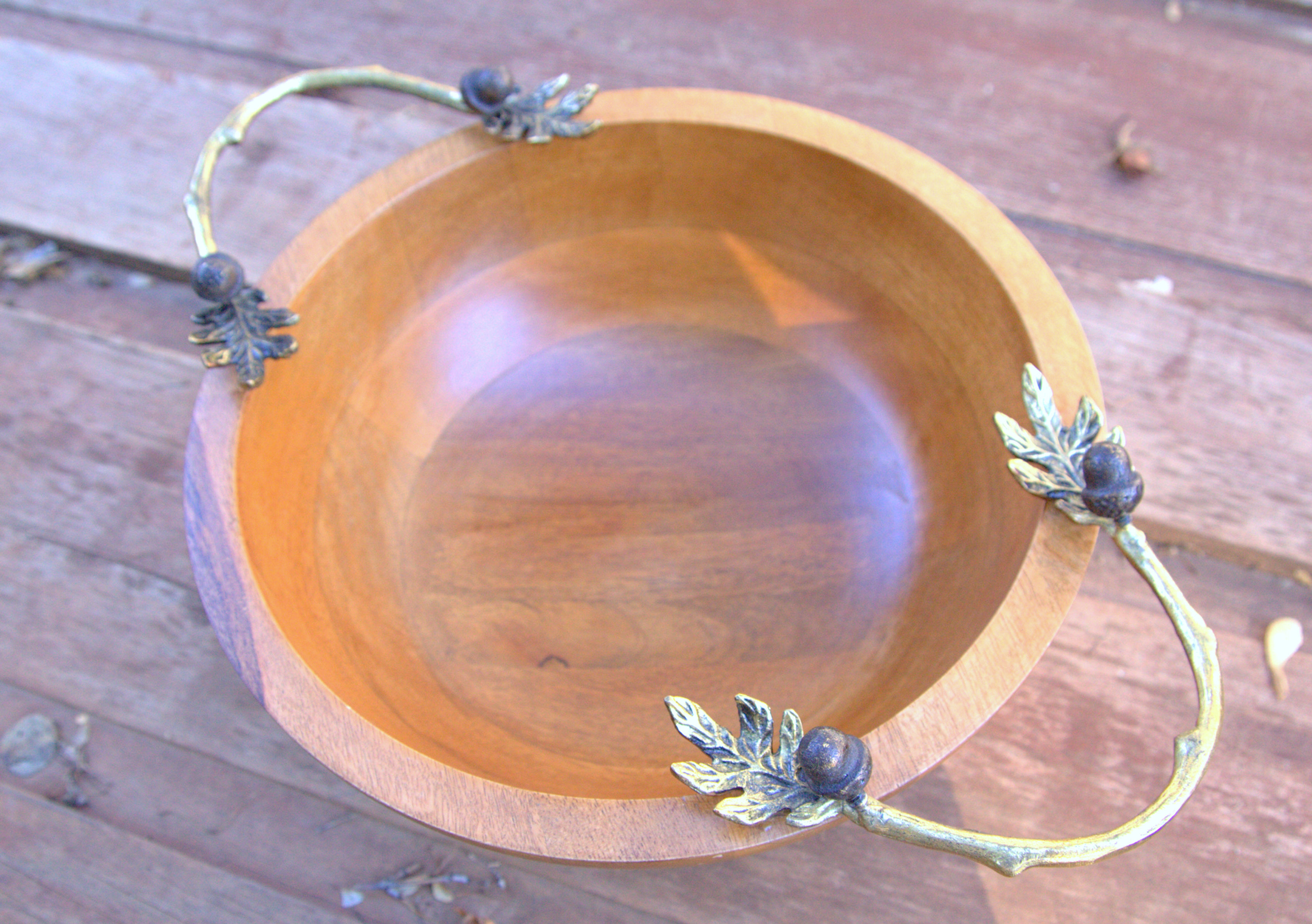 Wood Bowl with Gilded Acorn and Leaf Handles