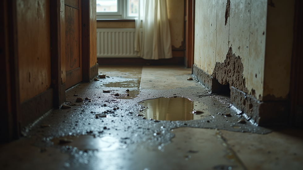 High-angle view of water damage in a home due to sewer issues