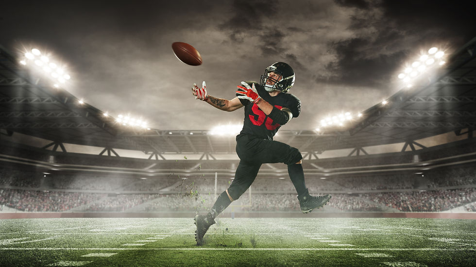 Dynamic image of man, American football player in motion, hitting ball in run, during matc