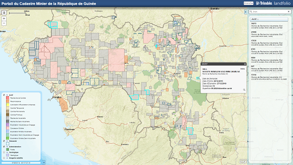 Screenshot of the mew online mineral cadastral map of Guinea
