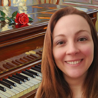 Francesca Cadelano, composer of modern soul and classical heart, featuring a red rose on an antique piano