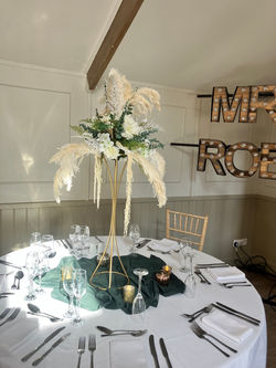 Tall gold concave flower stand with pampas grass wedding table centrepieces available Vanilla Teas N