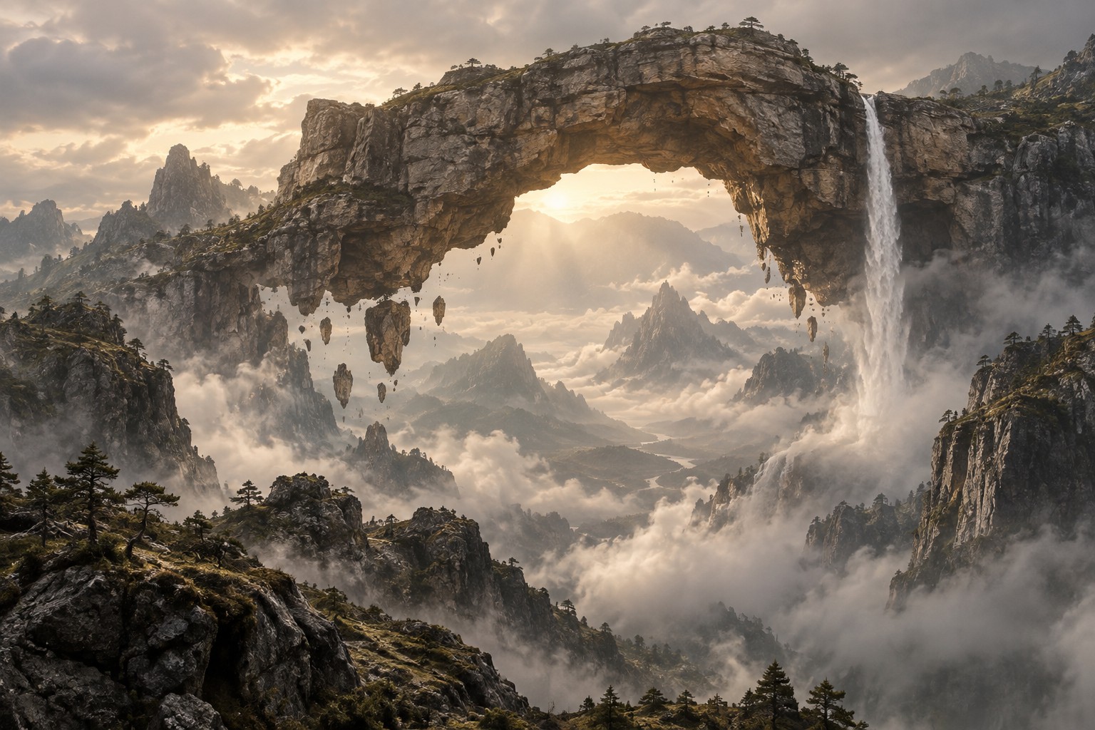 Illustrative VFX environment of a suspended sandstone arch above a mist-filled mountain valley