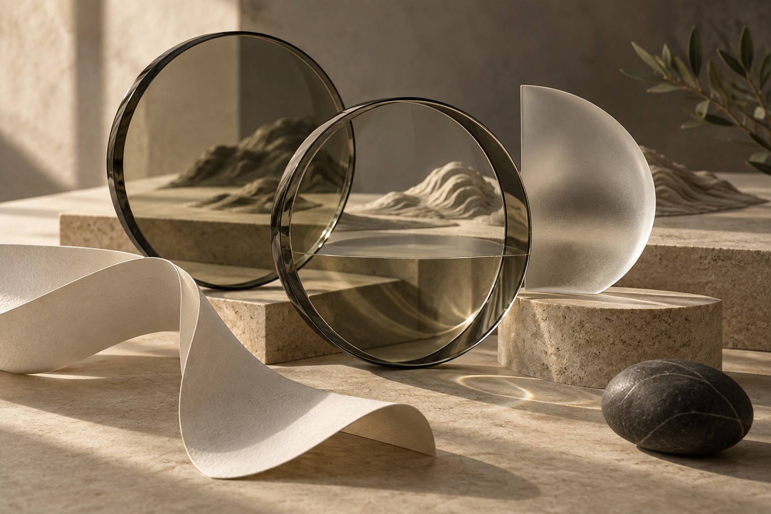 Conceptual still life of glass lenses, paper and sculptural forms, exploring the connection between visual thinking and technical craft