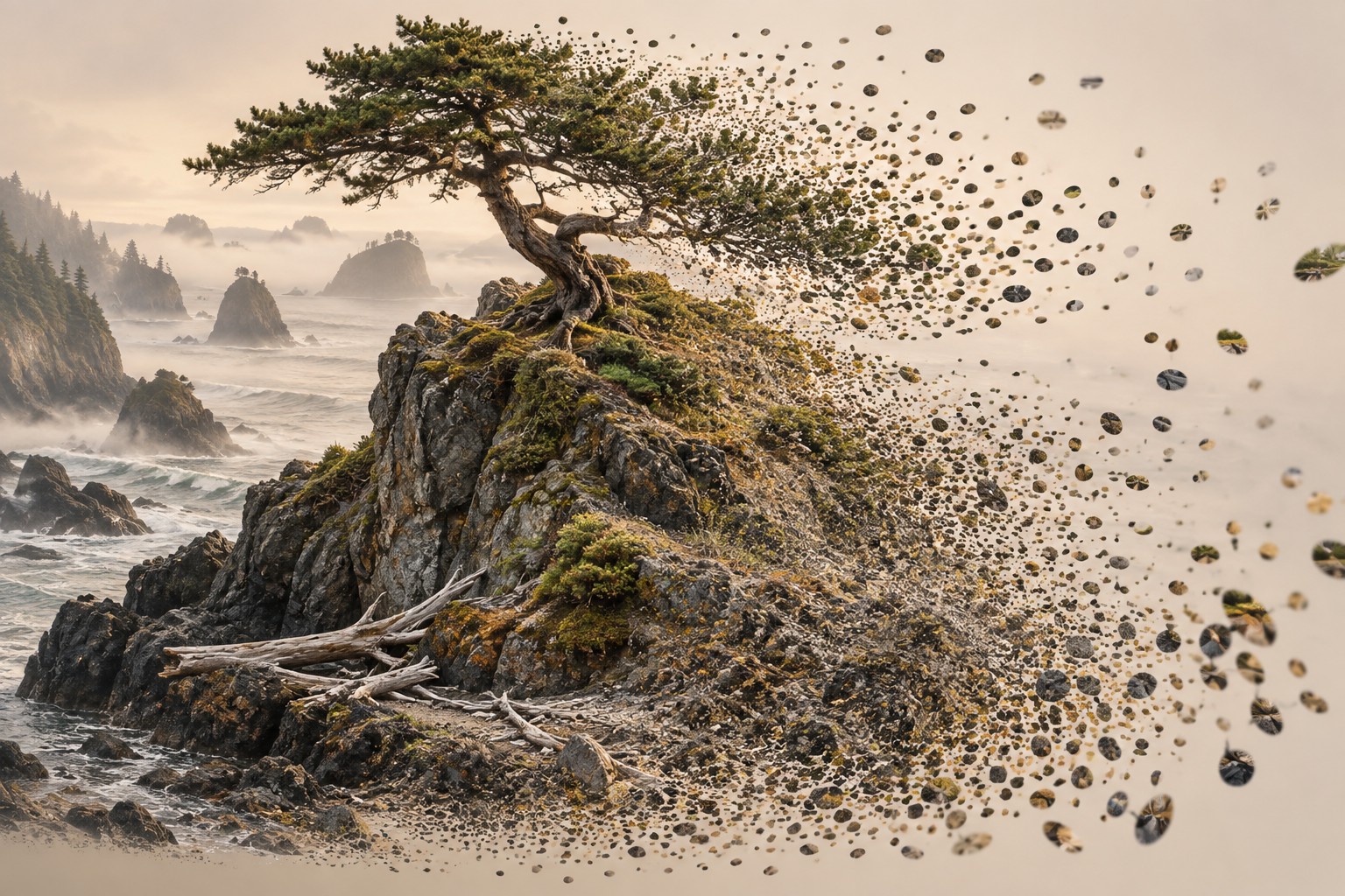 Conceptual 3D capture of a coastal rock and pine, resolving from a cloud of splats into a detailed scene