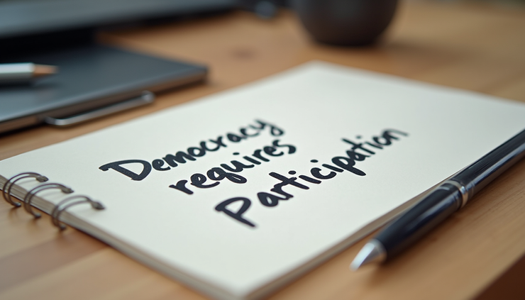 Close-up view of a handwritten note with the words "Democracy requires participation" on a desk