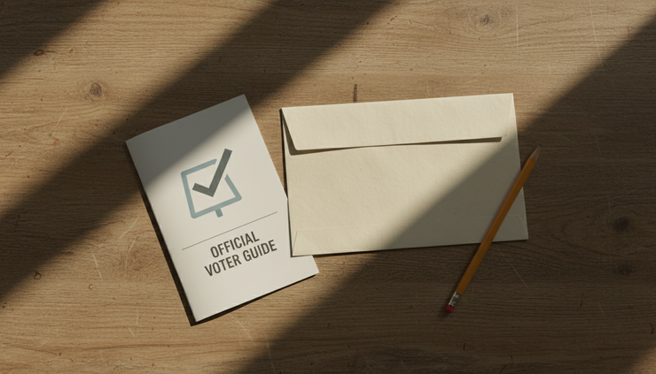Overhead view of an election envelope and voter information materials on a wooden table.