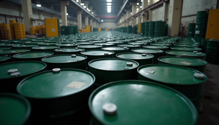 Eye-level view of oil barrels stacked in a storage facility