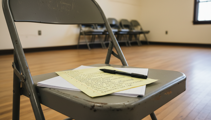 Close-up view of handwritten notes and a pen on a folding chair in a community hall.