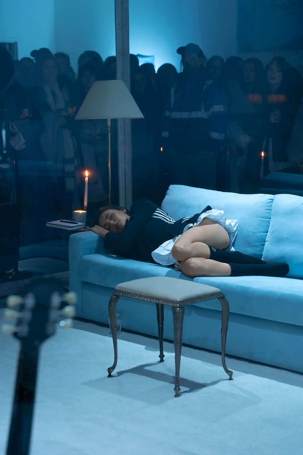 NY Set Designer's portfolio work example of the blue set decoration inside the set build of a musician's album launch party.