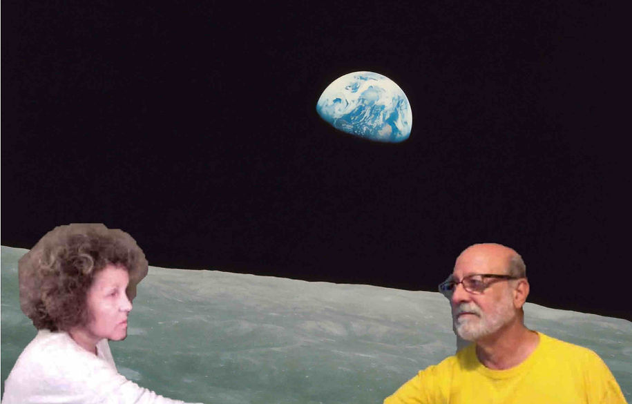 Laurie Atlas and Carl DiModugno on the moon, reaching toward each other to hold hands. The earth looms in the distant background.