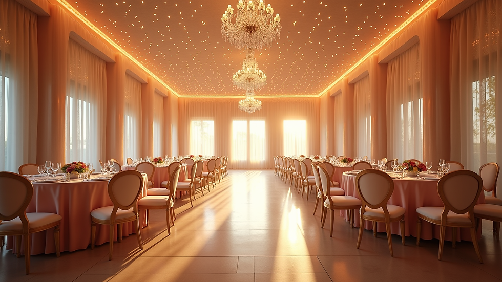 Wide angle view of a decorated event hall ready for guests