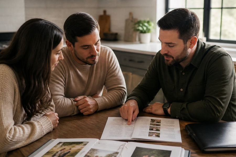 Couple reviewing wedding photography packages and timeline options with their photographer at a kitchen table