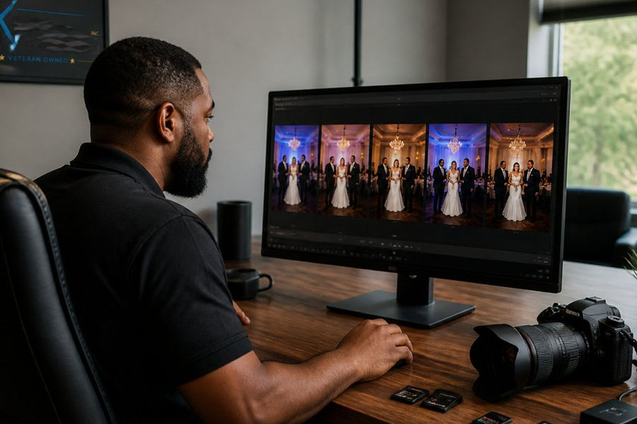 Photographer reviewing images on a computer for event photo editing in a quiet office with a camera on the desk.