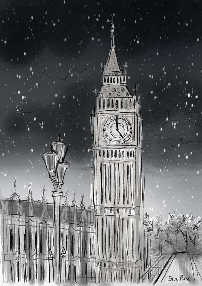 Illustration of Big Ben, London,  when it's Snowing