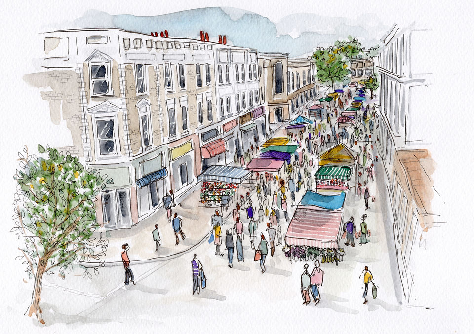 Editorial Watercolour Illustration North End Road Market, Fulham, London