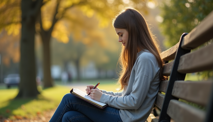 Eye-level view of a teenage girl sitting on a park bench with a journal and pen