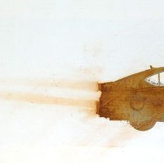 Jan Karpíšek: Škoda Octavia, process painting, rusting metal on canvas, 40×120 cm, 2024, contemporary art, abstract car design, modern techniques, conceptual art