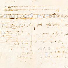 Jan Karpíšek – Score I., abstract artwork created through honeybees interaction on paper, organic propolis shapes and chewed holes resembling musical notation, mixed natural patterns, 30×37 cm, 2020