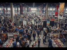 Busy trading card and collectibles convention floor showing vendors, collectors, and gaming community engagement.