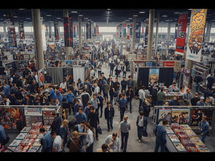 Busy trading card and collectibles convention floor showing vendors, collectors, and gaming community engagement.