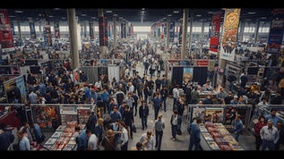 Busy trading card and collectibles convention floor showing vendors, collectors, and gaming community engagement.